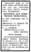 1934 Overlijden Hendrik Jan Dirk Moele Bergveld [1856 - 1934]  